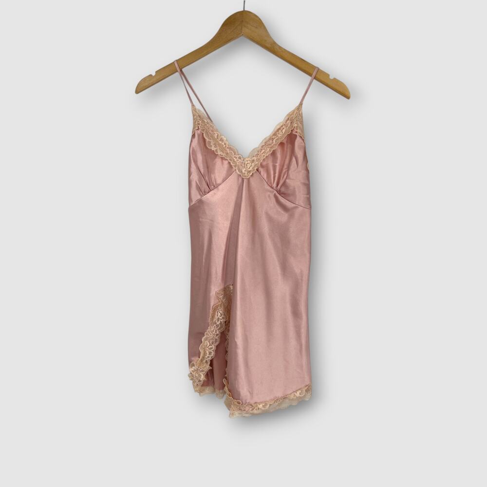 Y2K Pink Satin Lace Trim Slip Mini Dress Open Back Tie Coquette Size S
